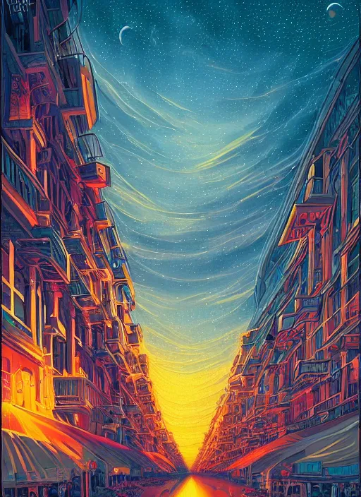 Image similar to ethereal starlit city at sunset, italian futurism, da vinci, Dan Mumford