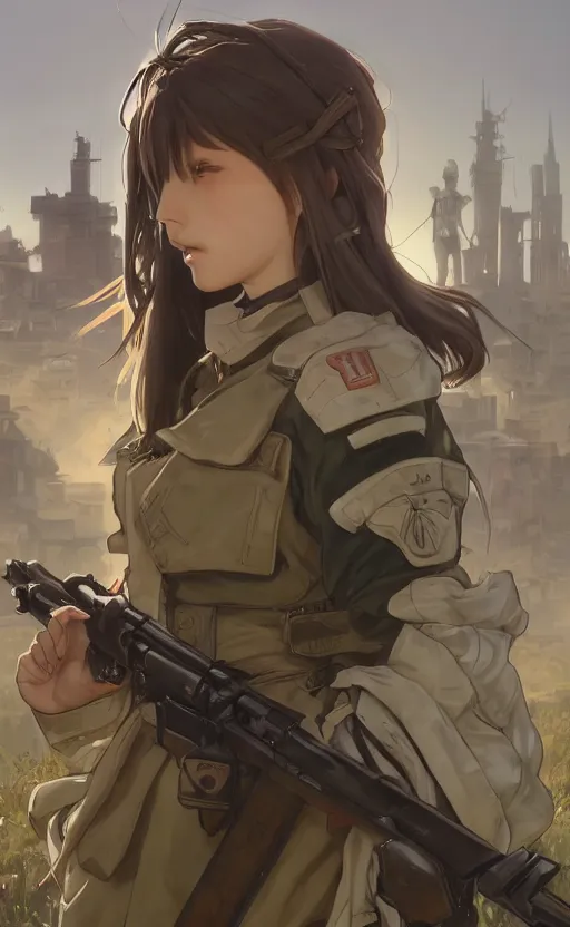 Prompt: panoramic view, a soldier girl, soldier clothing, battlefield in background, anime style, hair down, symmetrical facial features, from arknights, hyper realistic, 4 k, extreme detail, d & d, trending artstation, safebooru, realistic lighting, by alphonse mucha, greg rutkowski, sharp focus