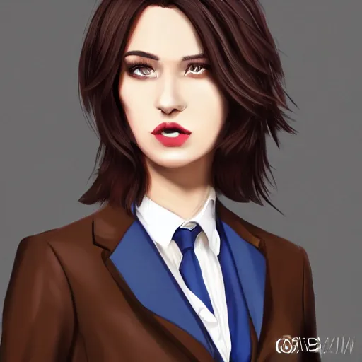 Image similar to woman in black business suit, chill, brown neat hair, pixiv, fanbox, trending on artstation, portrait, digital art, modern, sleek, highly detailed, formal, serious, determined, blue tie, competent, colorized, smooth, charming, pretty, safe for work, thick