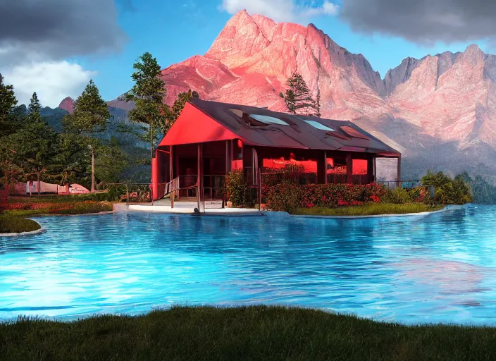 Image similar to tone hut with a swimming pool, mountain landscape, red background, beautiful landscape, dramatic lighting, cinematic, extremly high detail, photorealistic, cinematic lighting, post processed, concept art, artstation, matte painting, style by greg rutkowsky