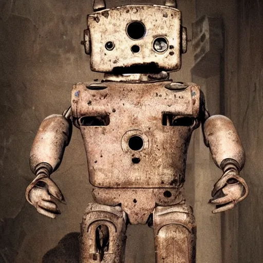 Prompt: photo of an abandoned dirty humanoid robot looking at the camera and smiling with a creepy face in a basement by Greg Rutkowski, dark, creepy, horror, disgusting, dust, brown scheme color, uncanny valley, full shot, photo photo, depth of field, red eyes