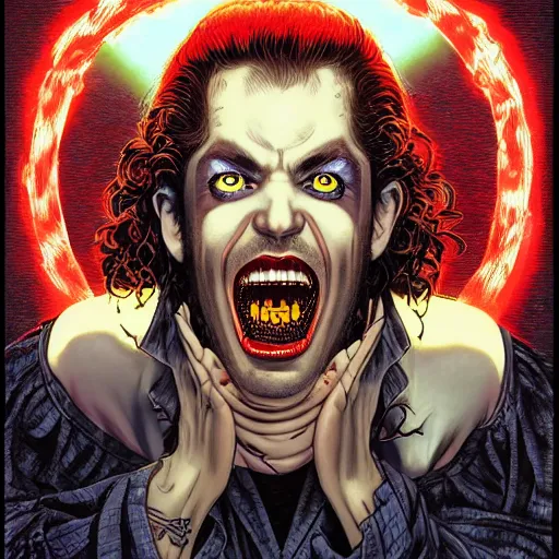 Image similar to portrait of crazy singing post malone with red eyes like hal 9 0 0 0, as vampire, symmetrical, by yoichi hatakenaka, masamune shirow, josan gonzales and dan mumford, ayami kojima, takato yamamoto, barclay shaw, karol bak, yukito kishiro