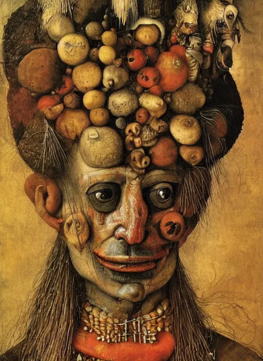 Image similar to a surreal painting of a shaman's face, by Giuseppe Arcimboldo, hieronymus bosch, symbolist, soft colors, dramatic lighting, smooth, sharp focus, extremely detailed, aesthetically pleasing composition