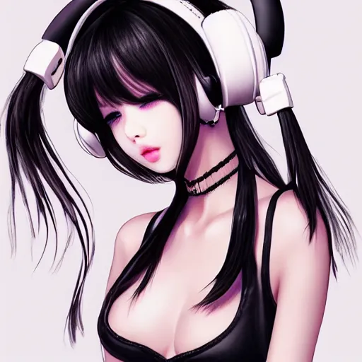 Image similar to realistic beautiful gorgeous natural cute Blackpink Lalisa Manoban black hair cute fur black cat ears, wearing white camisole, headphones, black leather choker artwork drawn full HD 4K highest quality in artstyle by professional artists WLOP, Taejune Kim, Guweiz on Artstation Pixiv