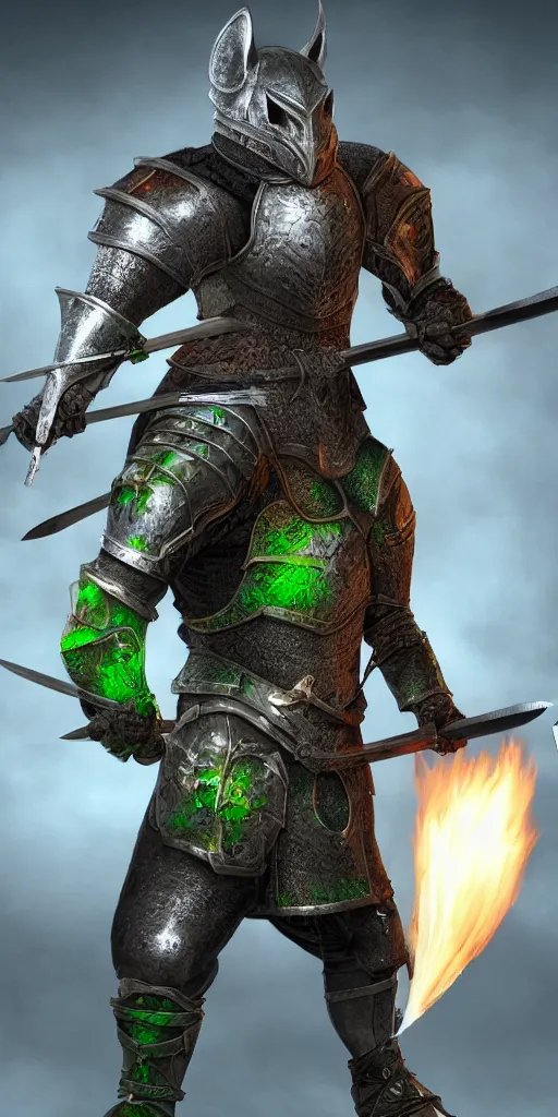 Image similar to full body portrait of half rat knight holding a great sword made of fire, anthropomorphic, prompt:hyper realistic, high detail, photo realistic, cinematic lighting, rendering by octane, spot lighting, in a open field, high quality, coherent. green hue armor