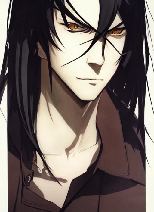 Image similar to portrait illustration by shigenori soejima, handsome male vampire, focus on face, pretty, long black hair, dark blue shirt, light brown coat