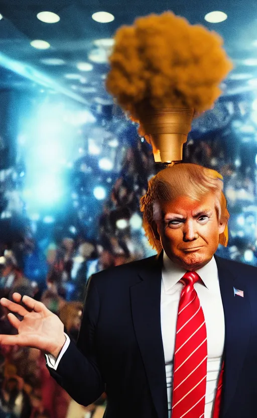 Prompt: Portrait of Donald Trump with a large afro, splash art, movie still, cinematic lighting, dramatic, octane render, long lens, shallow depth of field, bokeh, anamorphic lens flare, 8k, hyper detailed, 35mm film grain