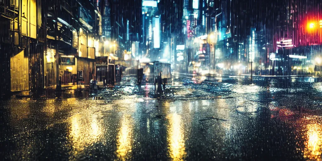 Image similar to a city street at night, raining, photograph, cars on the road, cyberpunk, sharp focus