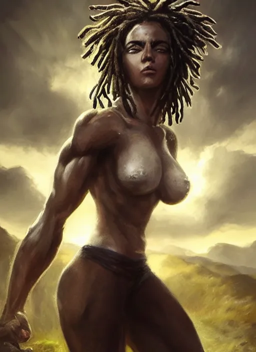 Image similar to girl with pale white skin and black dreadlocks, muscular upper body, beautiful highly detailed face, complementary lighting, backlit, black eyeshadow, dark eyes, adventure, dramatic lighting, landscape background, beautiful painting by artgerm and greg rutkowski and raymond swanland