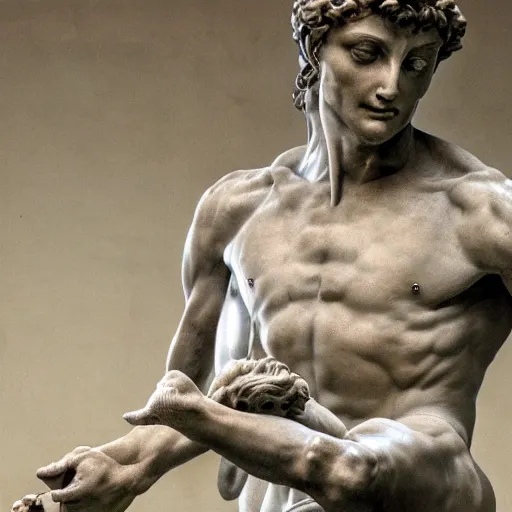 Image similar to a photorealistic image of michelangelo's sculpture of david playing football