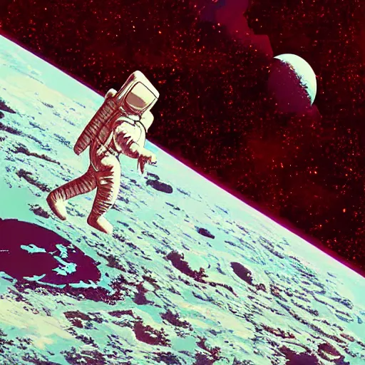 Image similar to astronaut looks at the destruction of the earth in space, highly detailed, digital painting