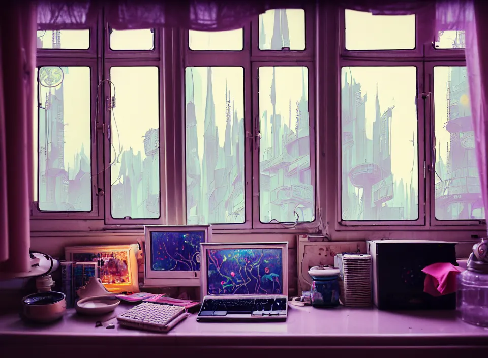 Prompt: telephoto 7 0 mm f / 2. 8 iso 2 0 0 photograph depicting the feeling of chrysalism in a cosy cluttered french sci - fi ( art nouveau ) cyberpunk apartment in a pastel dreamstate art cinema style. ( cat, computer screens, window ( city view ), sink, lamp ( ( ( fish tank ) ) ) ), ambient light.