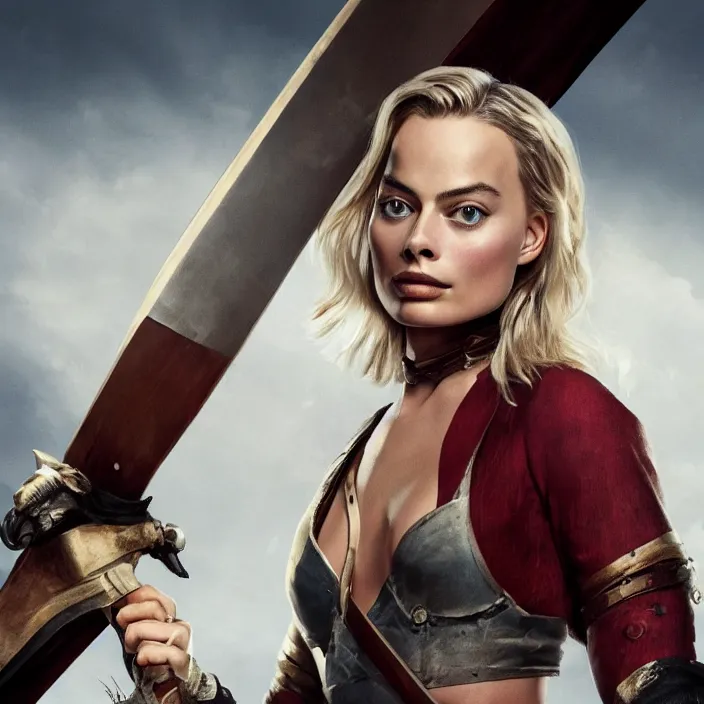 Image similar to margot robbie, holding broadsword. very coherent symmetrical artwork. cinematic, high detail, octane render, 8 k