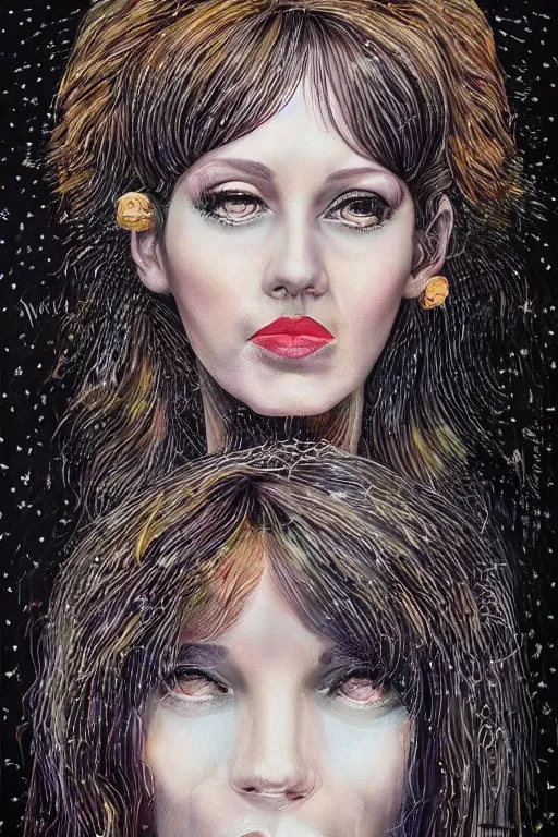 Image similar to Portrait of a woman with bangs in style of 80s surrealism art, hyper-detailed