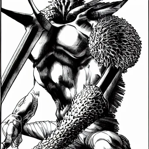 Prompt: Shrike from Hyperion by Kentaro Miura, highly detailed, black and white