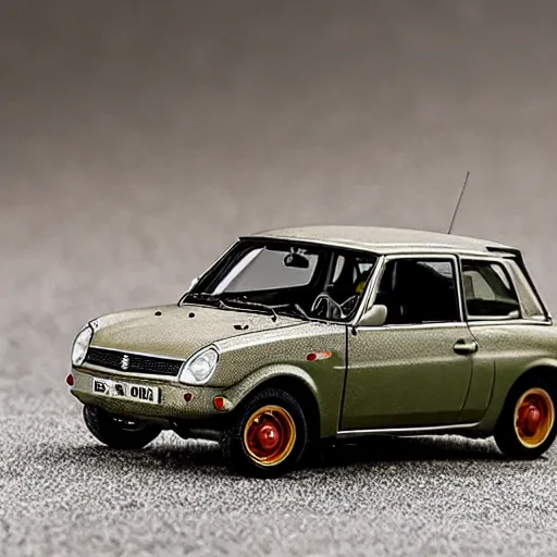 Image similar to 1/24 scale model of Suzuki swift Sport with a 1/35 scale model of a sdkfz 251 in the background, high quality, Model photograph, high detail, 8k, studio lighting