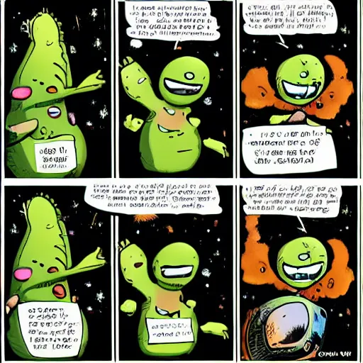 Image similar to a 3 panel comic strip about avocadoes in space, style of bill watterson