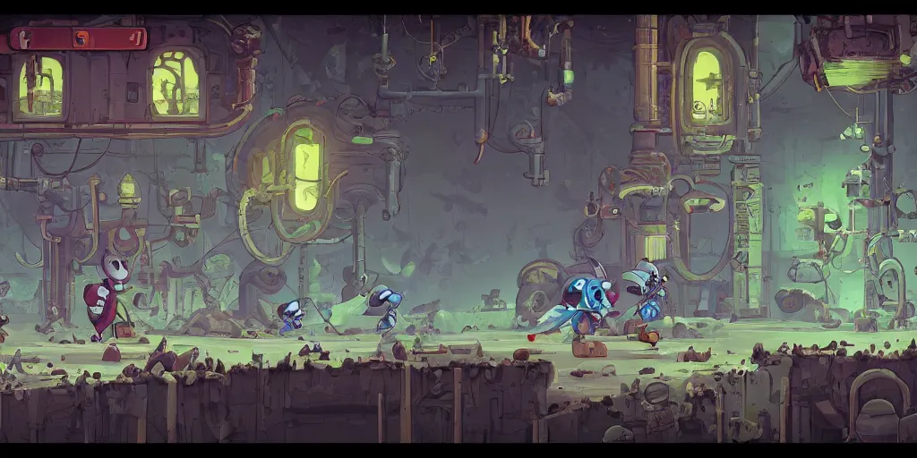 Image similar to Scenario without characters, empty scenario, art by Tomba, ori and the blind, Dead cells ,Hollow knight ,wonder boy , Megaman, Blasphemous , Portraiting a platform game showing an old industry, inside iron and machines, side scrolling, Rule of Thirds, 4K, Retrofuturism, Studio Ghibli, Simon Stålenhag