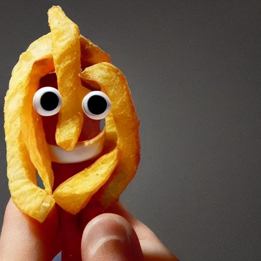 Image similar to photo of [ a single salted french fry chip ] shaped like that looks like stephen fry as a pixar character hybrid intercross mix cinematic lighting