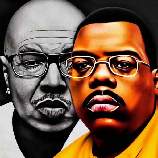 Image similar to walter white with biggie smalls, rap album cover art, photorealistic, highly detailed, sharp focus, 4 k, movie still