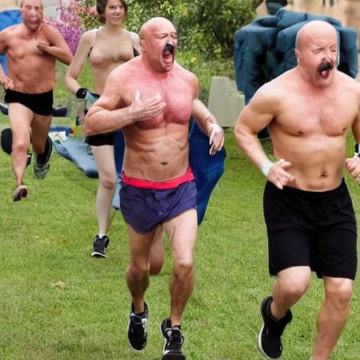 Prompt: shirtless dr phil shouting and screaming running marathon hands in air