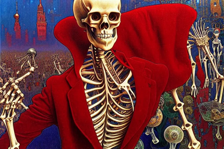 Image similar to realistic detailed closeup portrait painting of a single skeleton wearing red velvet blazer in a crowded futuristic moscow street by Jean Delville, Amano, Yves Tanguy, Alphonse Mucha, Ernst Haeckel, Edward Robert Hughes, Roger Dean, rich moody colours, blue eyes