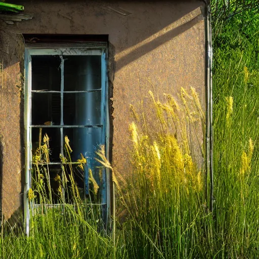 Prompt: crackhouse along a crumbling road, tall grass, beautiful flowers, unknown origin, ethereal, light and shadows