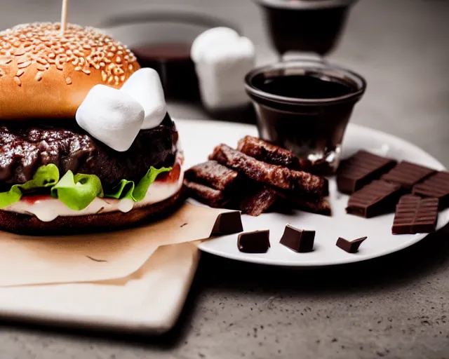 Image similar to dslr food photograph of burger with marshmallows in it, chocolate sauce, 8 5 mm f 1. 8