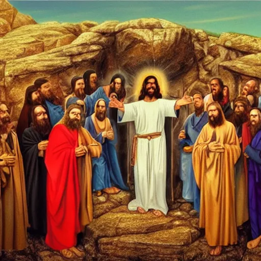 Image similar to a photo of jesus of nazareth and his 1 2 apostles taken with a selfie stick in front of a cross