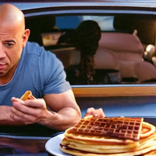 Prompt: movie still of vin diesel eating waffles and pancakes in a car