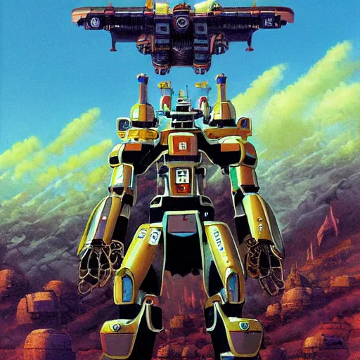 Prompt: humanoid combat mecha by chris foss, rodger dean, moebius, michael whelan