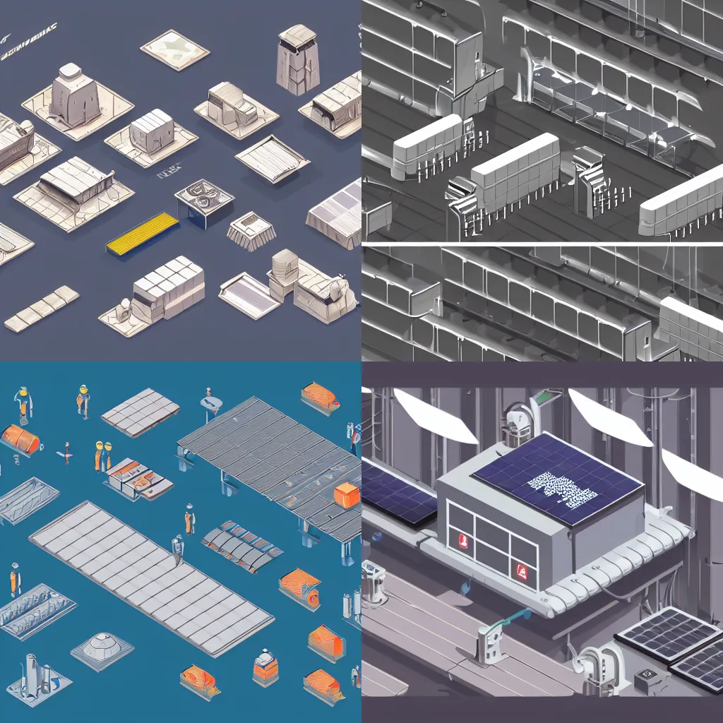 Prompt: isometric concept art of a futuristic factory, browns and whites, style of Satoshi Kon and Mirror\'s Edge, water deposits, conveyer belt, machinery, solar panels