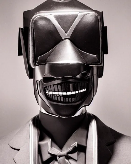 Prompt: Eddie Mendoza portraits of a anthropomorphic-robot cyber-face techno mask in black tie suit retro photo by Louis Daguerre