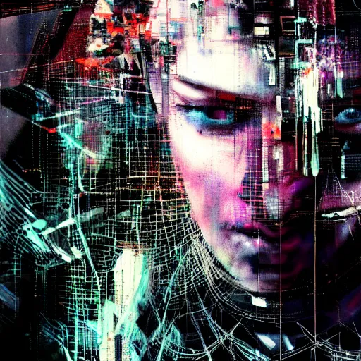 Prompt: cyberpunk lost in a glitchcore world of wires, and machines, by jeremy mann, francis bacon and agnes cecile, and dave mckean ink drips, paint smears, digital glitches glitchart