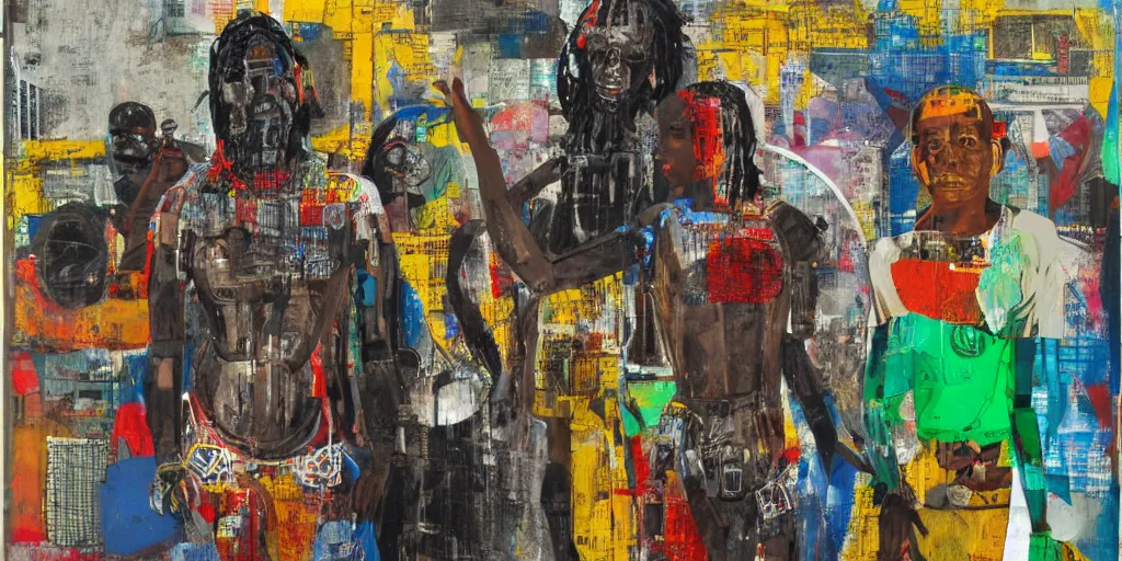 Image similar to robot in Ajegunle slum of Lagos conversing with African Jesus Christ about beauty under a large UFO beaming a neon ray, painting by Robert Rauschenberg, in the style of Estate (1963), oil and silk screen on canvas,