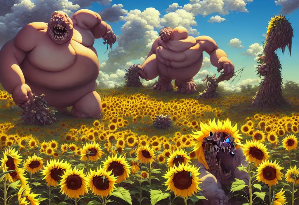 Image similar to chubby giant monster bones in the countryside with sunflower in the foreground, intricate oil painting, high detail illustration, sharp high detail, manga and anime 1 9 9 9, official fanart behance hd artstation by jesper ejsing and makoto shinkai, 4 k,