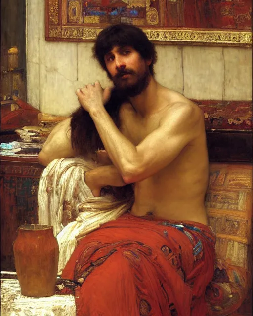 Image similar to a an exhausted artist in his studio orientalist intricate portrait by john william waterhouse and edwin longsden long and theodore ralli and nasreddine dinet, oil on canvas. cinematic, hyper realism, dramatic lighting, high detail 8 k