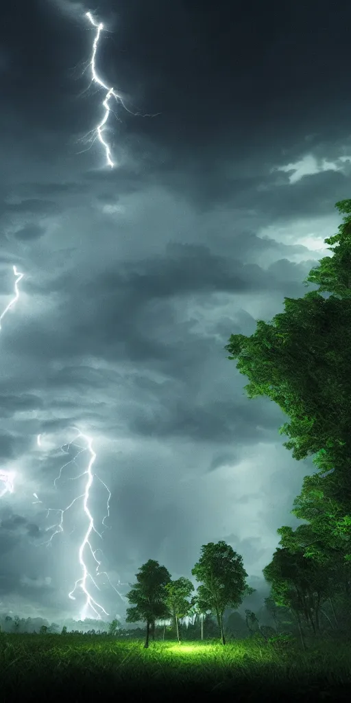 Prompt: an extreme thunder storm where lightning light up the night sky, Dark fantasy, unreal engine, realistic, green, forest, night sky,