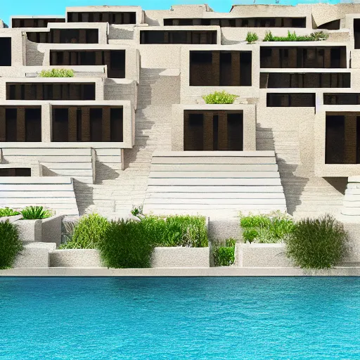 Image similar to architectural rendering of habitat 6 7 in the desert, biophilia mood, pool, garden