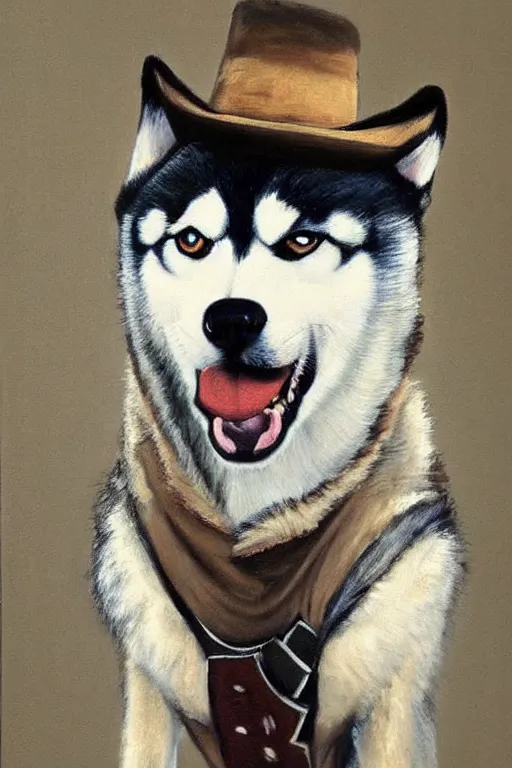 Image similar to a portrait painting of a husky in cowboy costume in the style of anime, a fistful of dollars, per un pugno di dollari, humanoid, personify, anthropomorphic