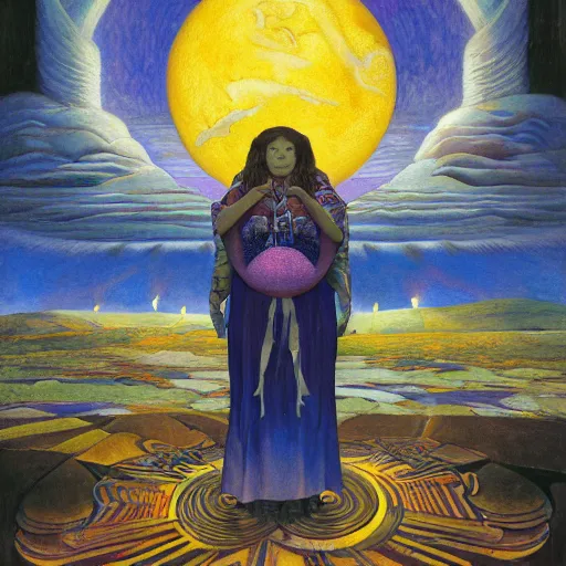 Image similar to queen of the moon with her lantern and regalia, by donato giancola and nicholas roerich, and diego rivera, and leo and diane dillon, symbolist, tattoos, dramatic lighting, elaborate geometric ornament, art brut, god rays, soft cool colors, smooth, sharp focus, extremely detailed