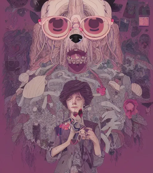 Image similar to portrait, nightmare anomalies, leaves with a dog by miyazaki, violet and pink and white palette, illustration, kenneth blom, mental alchemy, james jean, pablo amaringo, naudline pierre, contemporary art, hyper detailed