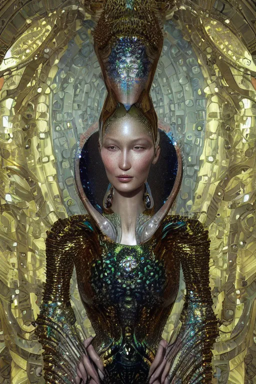 Image similar to a highly detailed metahuman 4 k close up render of an alien goddess bella hadid as venus in iris van herpen dress schiaparelli in diamonds swarovski and jewelry in style of alphonse mucha gustav klimt trending on artstation made in unreal engine 4