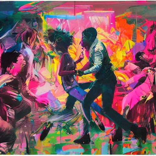Prompt: portrait of people dancing, ecstatic, wonderful techno party, bright vibrant colors, shades of pink, by by greg rutkowski, by jeremy mann, by francoise nielly