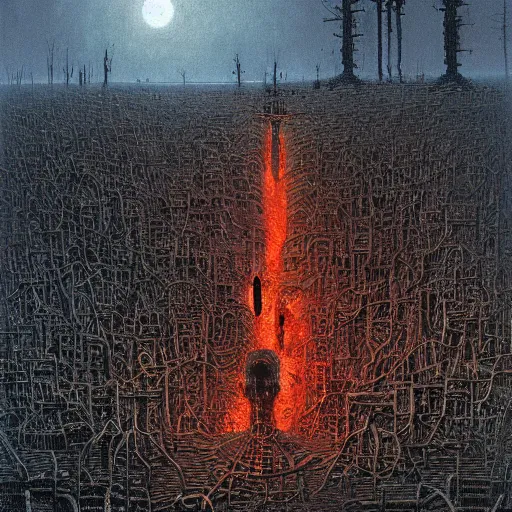 Prompt: terminator endoskeleton graveyard on fire by beksinski