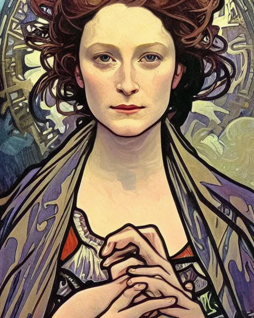 Image similar to a portrait painting of ( ( ( tilda swindon ) ) ) in the style of alphonse mucha!!!