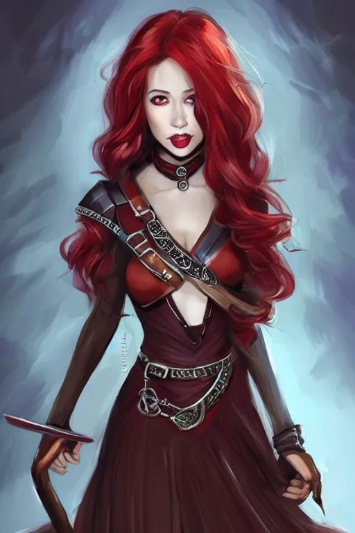 Image similar to a full body portrait of a gorgeous female ranger, looking at camera, D&D, choker on neck, stylish dress, very long flowing red hair, intricate, elegant, stylish, cute slightly nerdy smile, mouth slightly open, fantasy, extremely detailed, digital painting, artstation, concept art, smooth, sharp focus, illustration, stunning lighting, art by artgerm and greg rutkowski and alphonse mucha and simon stalenhag