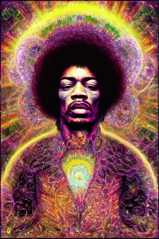 Prompt: Jimi Hendrix Centered, uncut, unzoom, symmetry. charachter illustration. Dmt entity manifestation. Surreal render, ultra realistic, zenith view. Made by hakan hisim feat cameron gray and alex grey. Polished. Inspired by patricio clarey, heidi taillefer scifi painter glenn brown. Slightly Decorated with Sacred geometry and fractals. Extremely ornated. artstation, cgsociety, unreal engine, ray tracing, detailed illustration, hd, 4k, digital art, overdetailed art. Intricate omnious visionary concept art, shamanic arts ayahuasca trip illustration. Extremely psychedelic. Dslr, tiltshift, dof. 64megapixel. complementing colors. Remixed by lyzergium.art feat binx.ly and machine.delusions. zerg aesthetics. Trending on artstation, deviantart