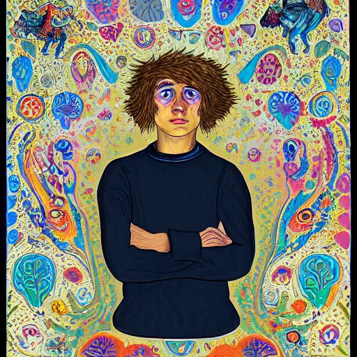 Prompt: portrait of a disillusioned young man, drained of energy by the artistic struggle, by louis wain and johanna martine, trending on artstation