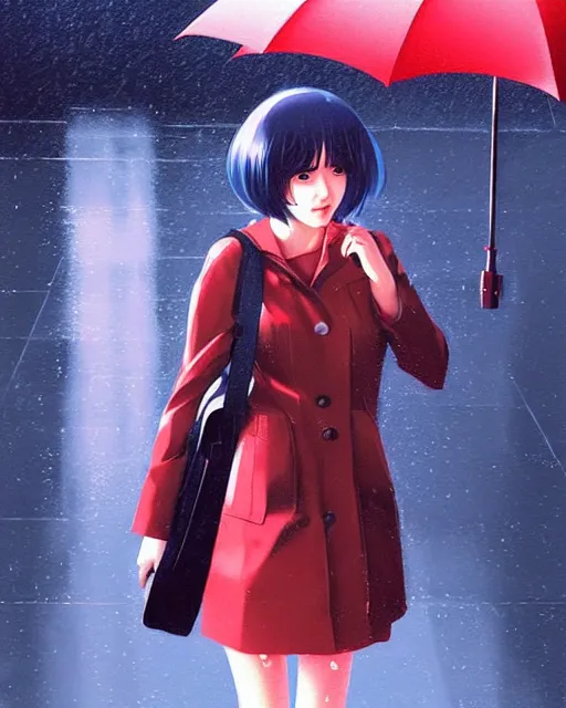 Image similar to cute girl in the rain. full shot | very very anime!!!, fine - face, audrey plaza, realistic shaded perfect face, fine details. anime. realistic shaded lighting poster by ilya kuvshinov katsuhiro otomo ghost, magali villeneuve, artgerm, jeremy lipkin and michael garmash and rob rey